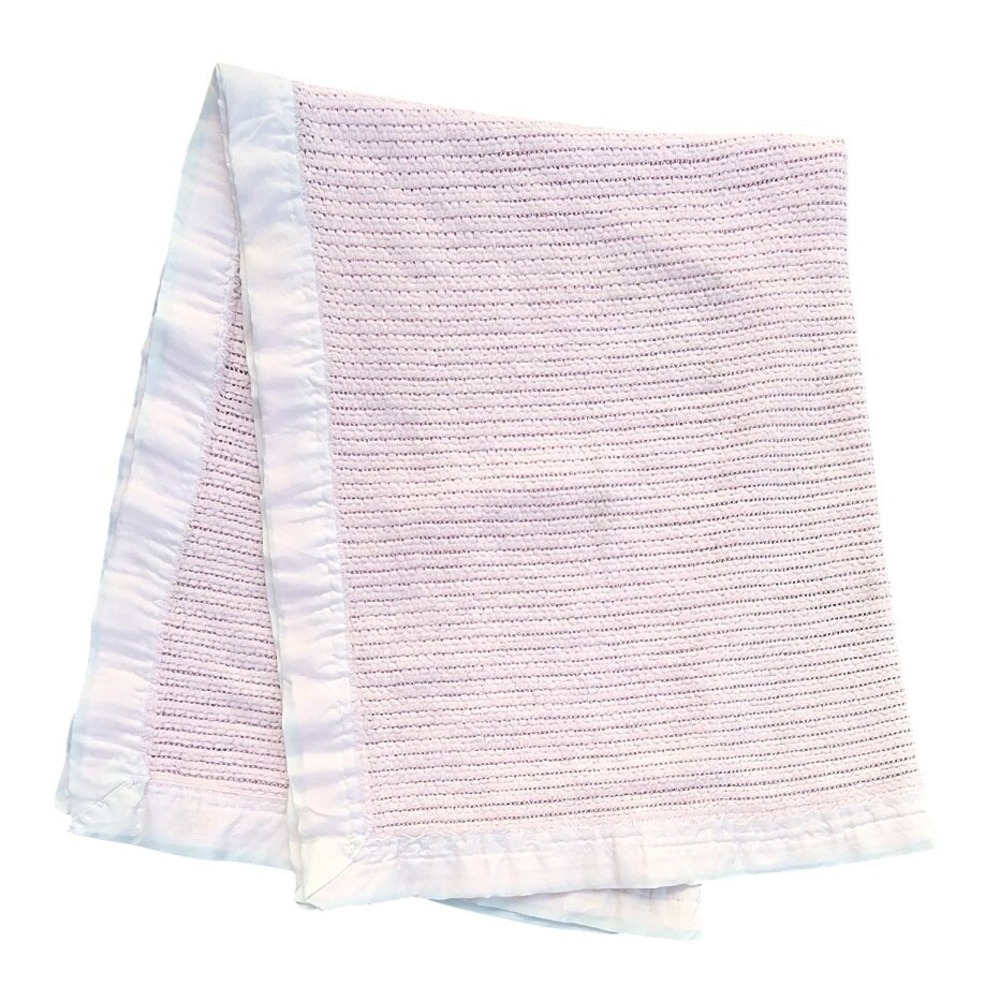 Vintage Waffle Knit Baby Blanket Pastel Pink Satin Trim Edge Soft Nursery
